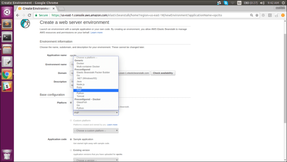 Select PHP as a platform and other environment parameters