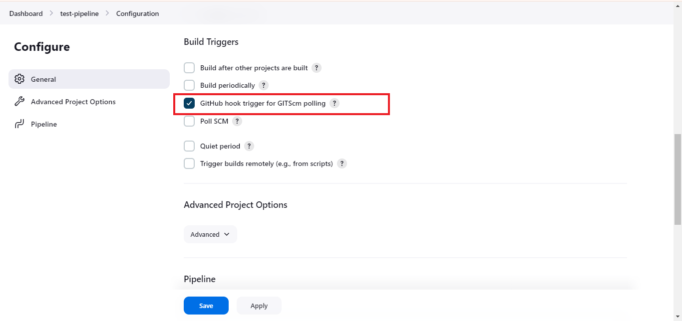 Enable the option GitHub hook trigger for GITScm polling
