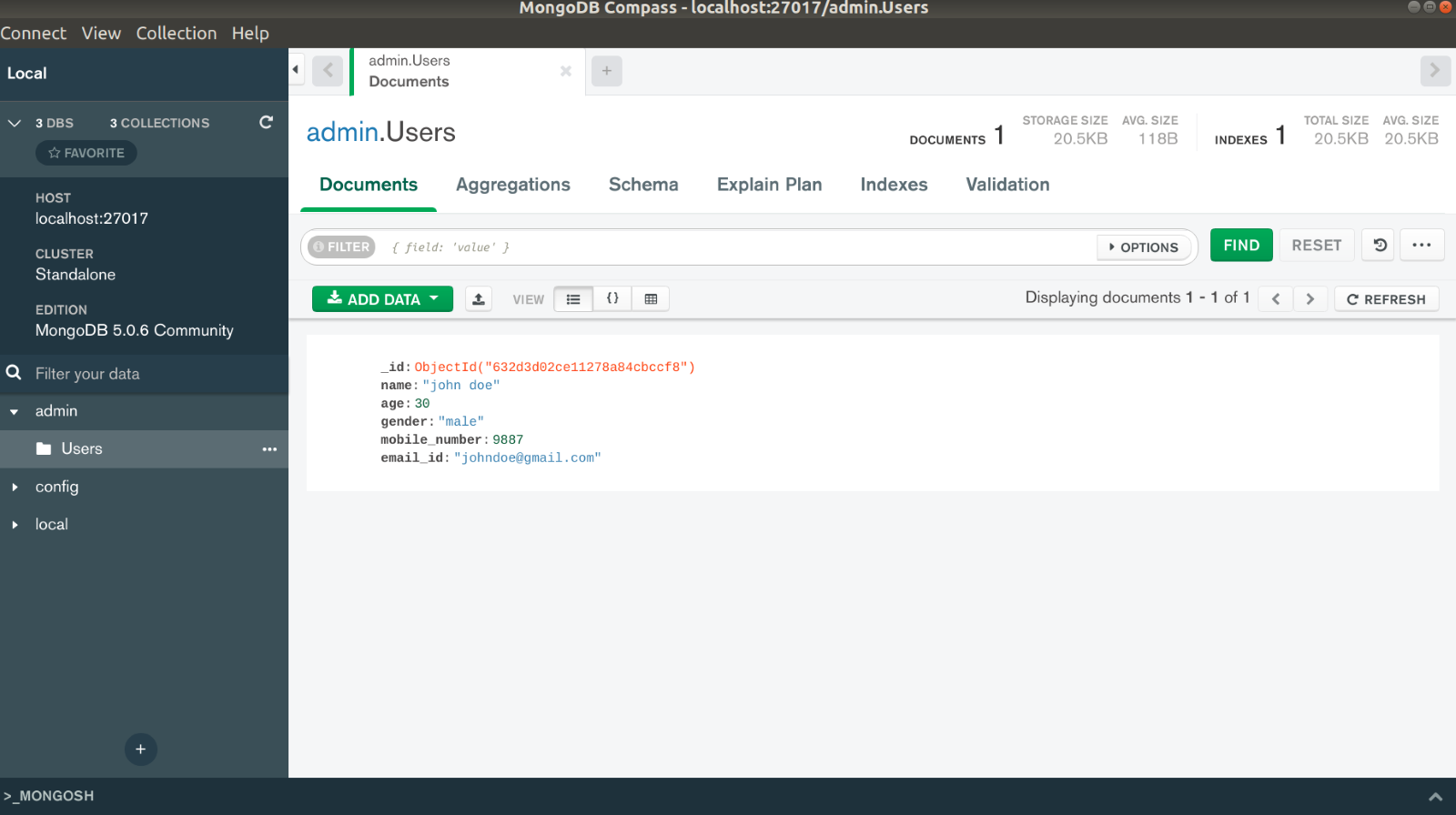 View documents using and connect to database using Mongo compass